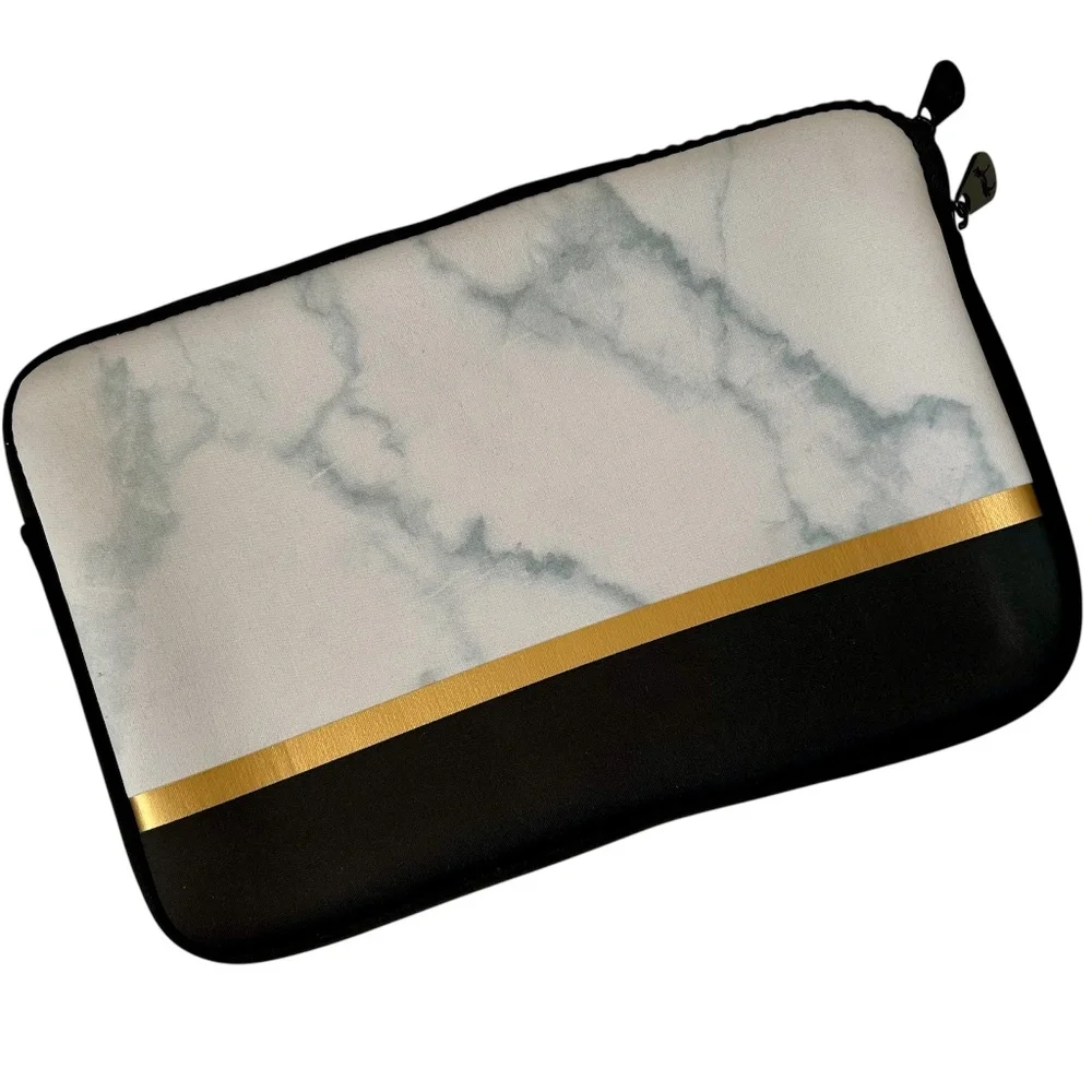 Tablet Laptop Sleeve - Neoprene - White Marble Gold Black - Zipper - iPad Kindle
